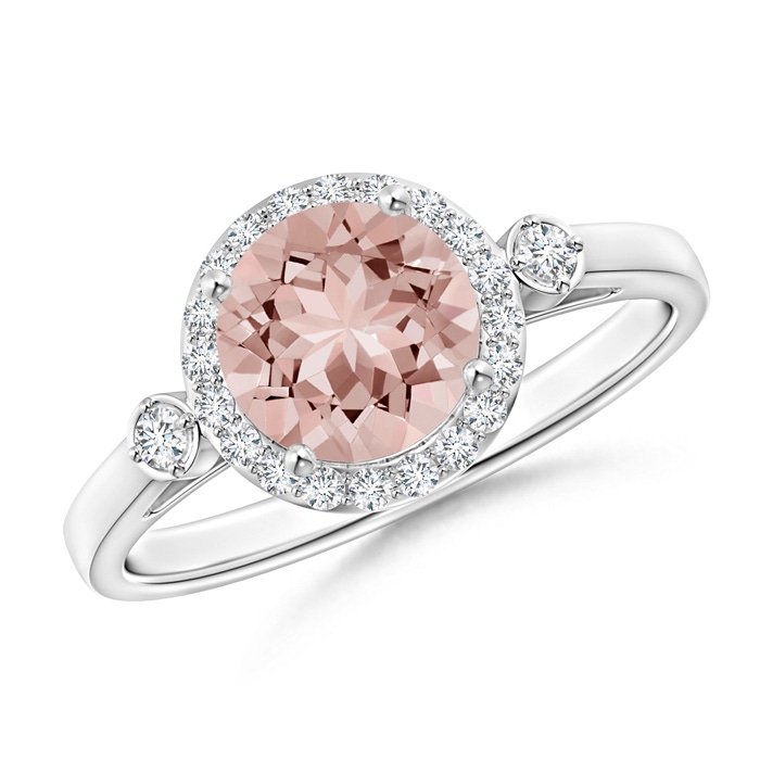 7mm AAAA Classic Prong-Set Round Morganite and Diamond Halo Ring in White Gold 