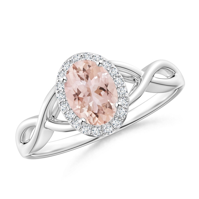 7x5mm AAA Oval Morganite Infinity Ring with Diamond Halo in White Gold 