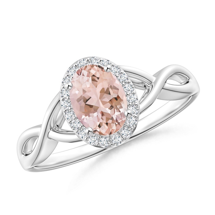 7x5mm AAAA Oval Morganite Infinity Ring with Diamond Halo in White Gold 