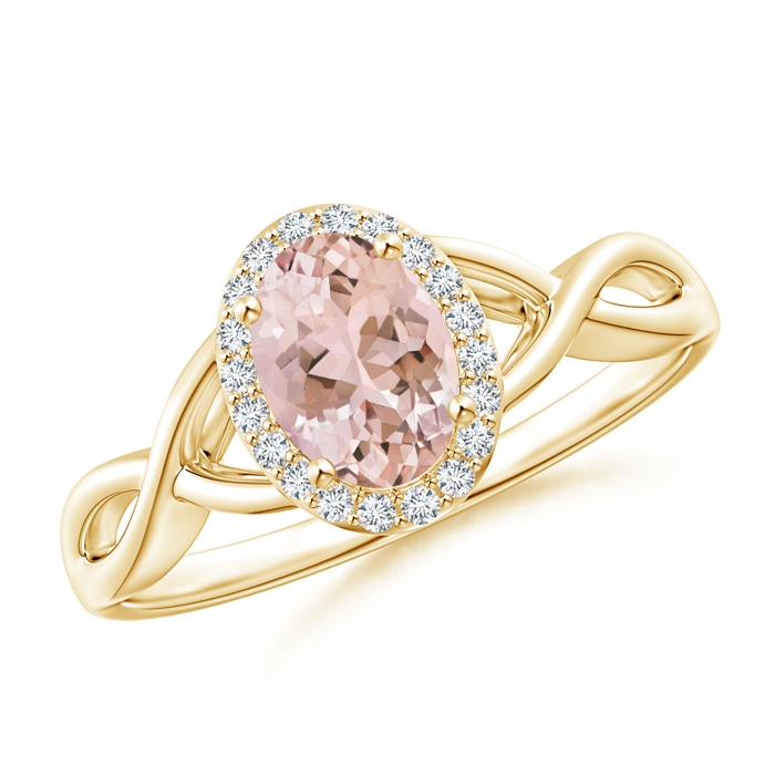 7x5mm AAAA Oval Morganite Infinity Ring with Diamond Halo in Yellow Gold