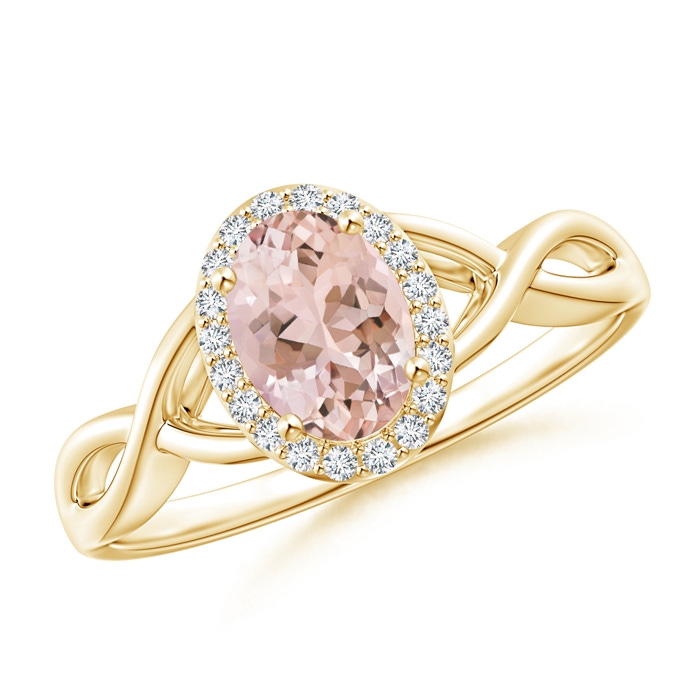 7x5mm AAAA Oval Morganite Infinity Ring with Diamond Halo in Yellow Gold 