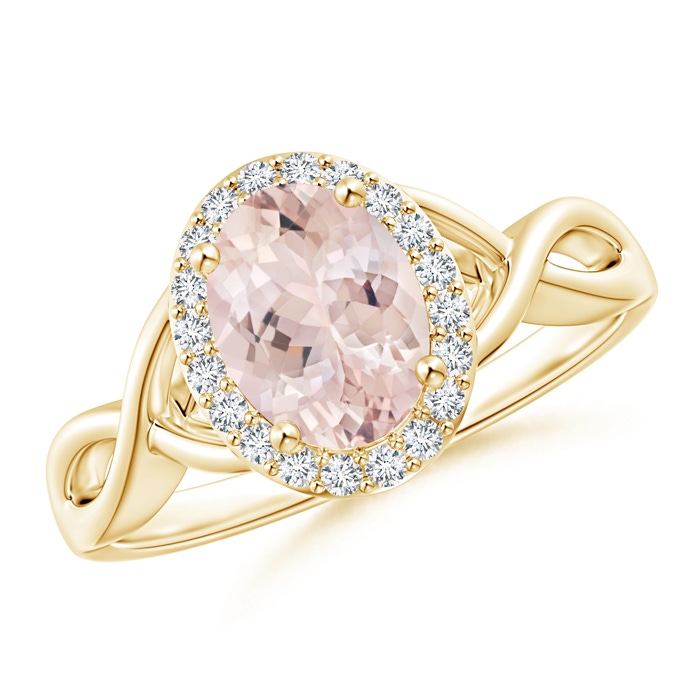 8x6mm AA Oval Morganite Infinity Ring with Diamond Halo in Yellow Gold 