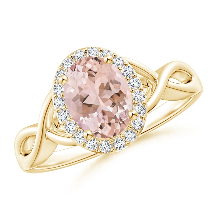 8x6mm AAAA Oval Morganite Infinity Ring with Diamond Halo in Yellow Gold 