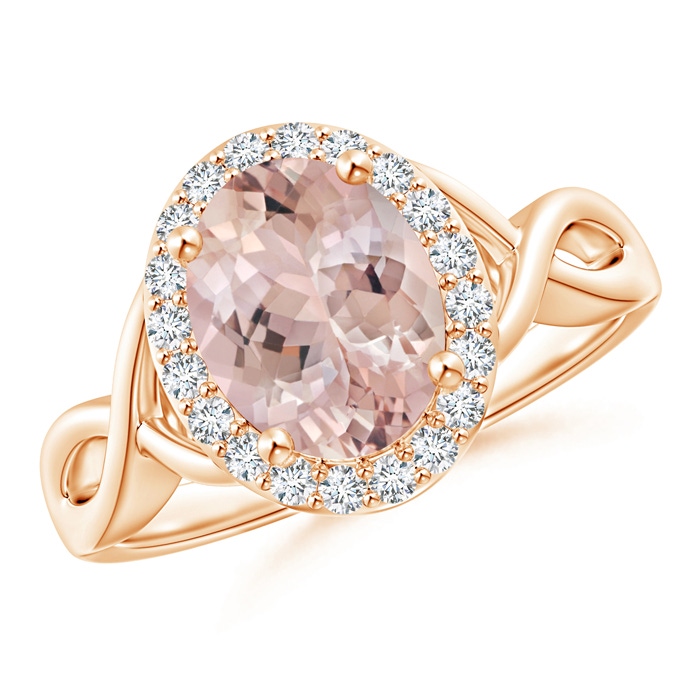 9x7mm AA Oval Morganite Infinity Ring with Diamond Halo in Rose Gold 