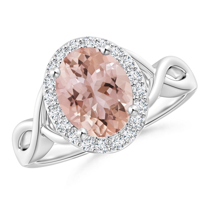 9x7mm AAA Oval Morganite Infinity Ring with Diamond Halo in White Gold 