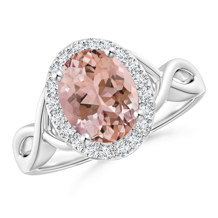 9x7mm AAAA Oval Morganite Infinity Ring with Diamond Halo in White Gold