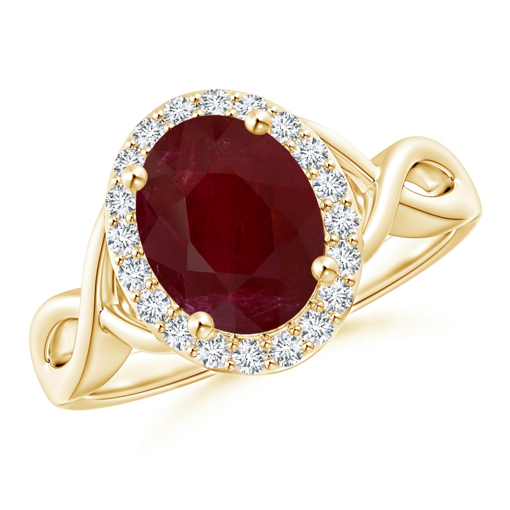 8.97x6.95x3.69mm AA GIA Certified Oval Ruby Infinity Ring with Diamond Halo in Yellow Gold