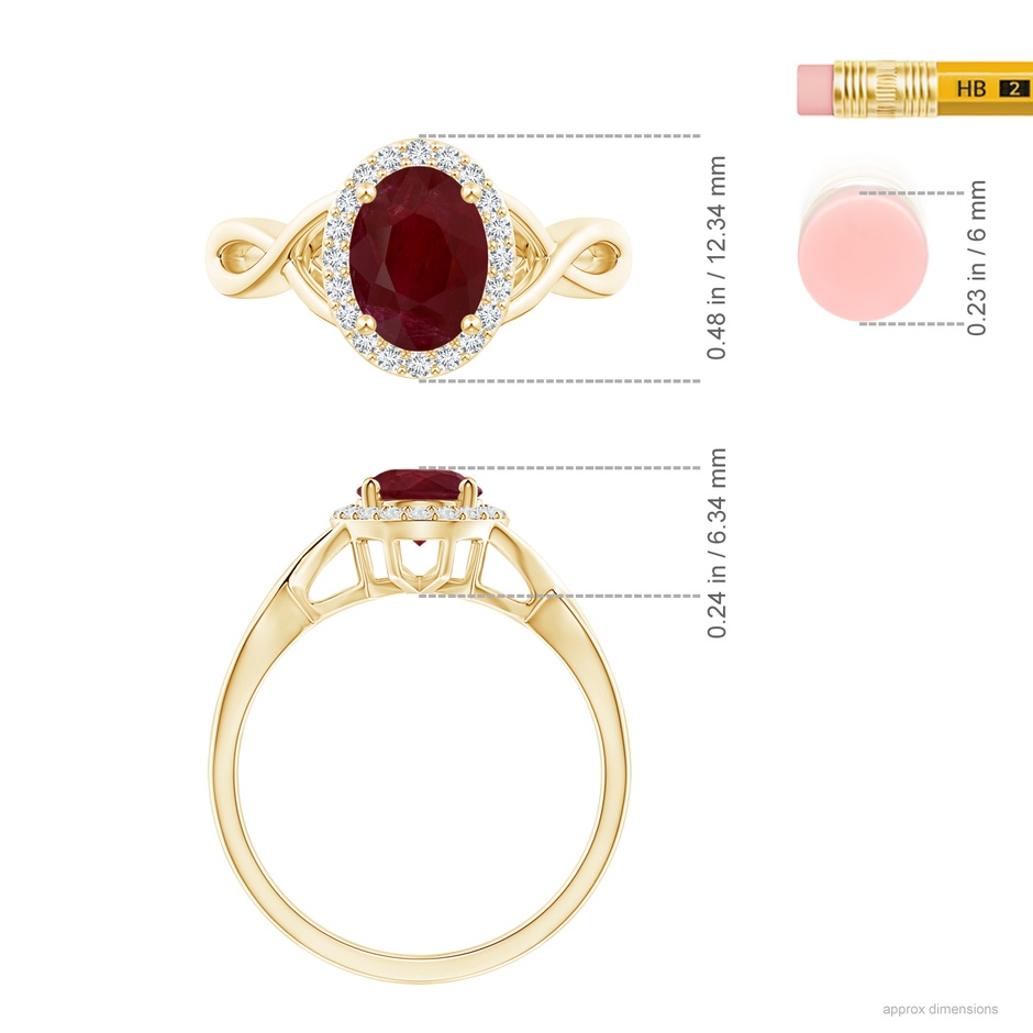 8.97x6.95x3.69mm AA GIA Certified Oval Ruby Infinity Ring with Diamond Halo in Yellow Gold ruler