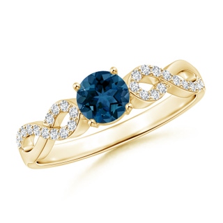 5mm AAA Round London Blue Topaz Infinity Ring with Diamonds in Yellow Gold