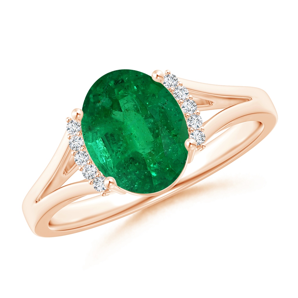 8.87x6.87x5.20mm AAA GIA Certified Oval Emerald Split Shank Ring with Diamond Collar in Rose Gold