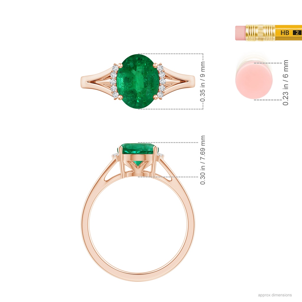 8.87x6.87x5.20mm AAA GIA Certified Oval Emerald Split Shank Ring with Diamond Collar in Rose Gold ruler