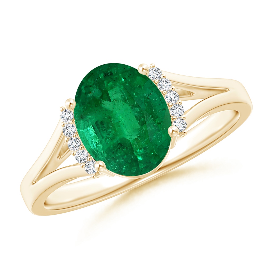 8.87x6.87x5.20mm AAA GIA Certified Oval Emerald Split Shank Ring with Diamond Collar in Yellow Gold