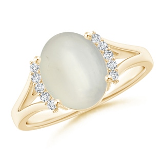 10x8mm AAA Oval Moonstone Split Shank Ring with Diamond Collar in Yellow Gold