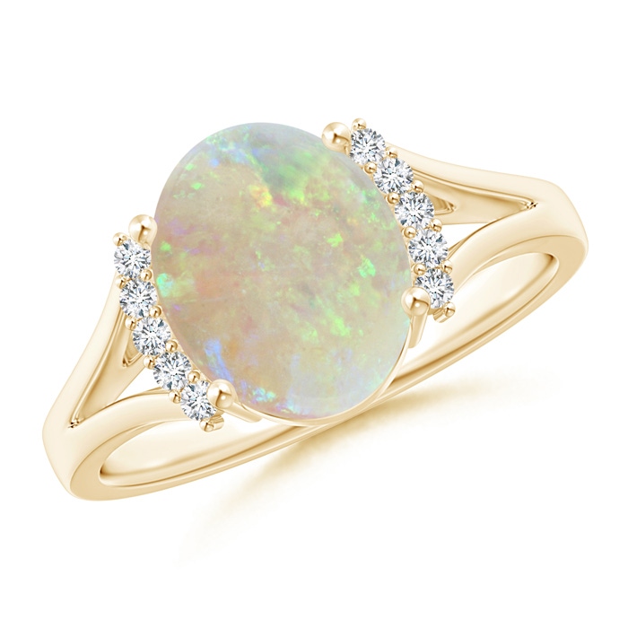 10x8mm AAA Oval Opal Split Shank Ring with Diamond Collar in Yellow Gold 