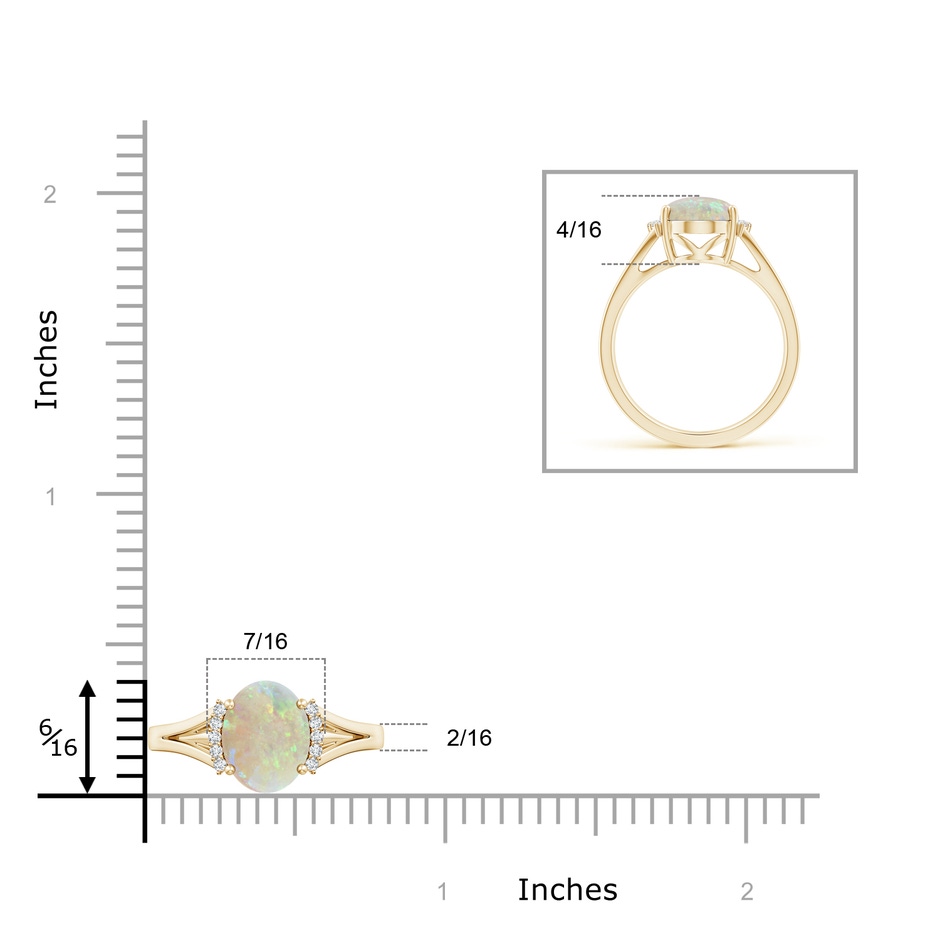 10x8mm AAA Oval Opal Split Shank Ring with Diamond Collar in Yellow Gold ruler