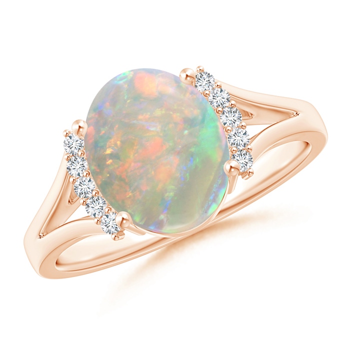 10x8mm AAAA Oval Opal Split Shank Ring with Diamond Collar in Rose Gold 