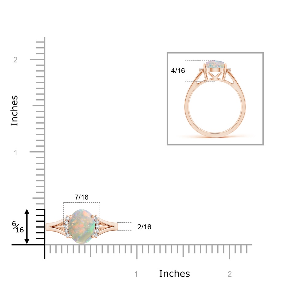 10x8mm AAAA Oval Opal Split Shank Ring with Diamond Collar in Rose Gold ruler