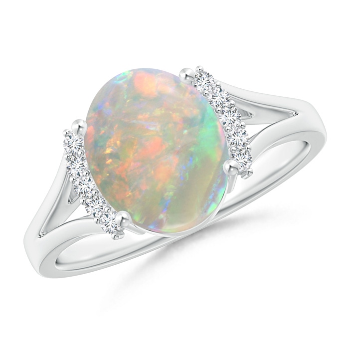 10x8mm AAAA Oval Opal Split Shank Ring with Diamond Collar in White Gold