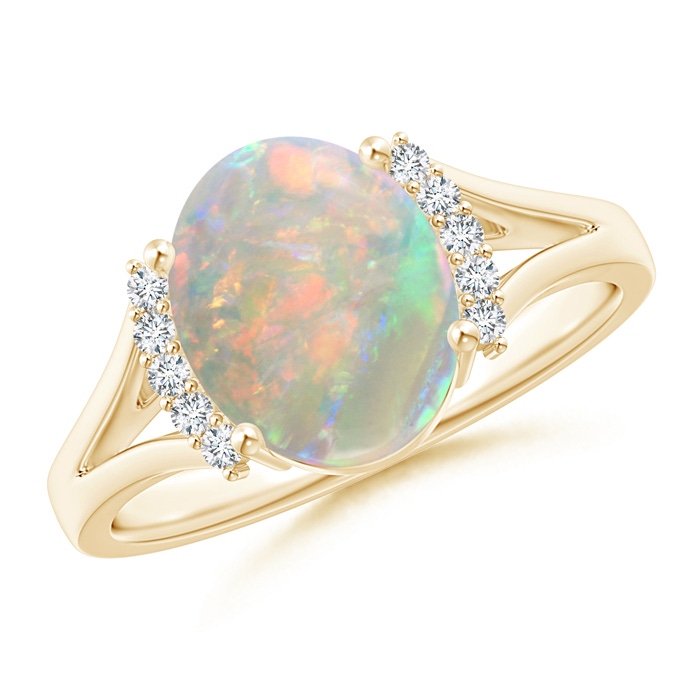 10x8mm AAAA Oval Opal Split Shank Ring with Diamond Collar in Yellow Gold 