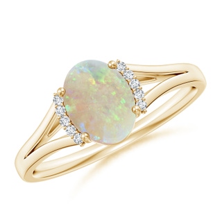 8x6mm AAA Oval Opal Split Shank Ring with Diamond Collar in 9K Yellow Gold