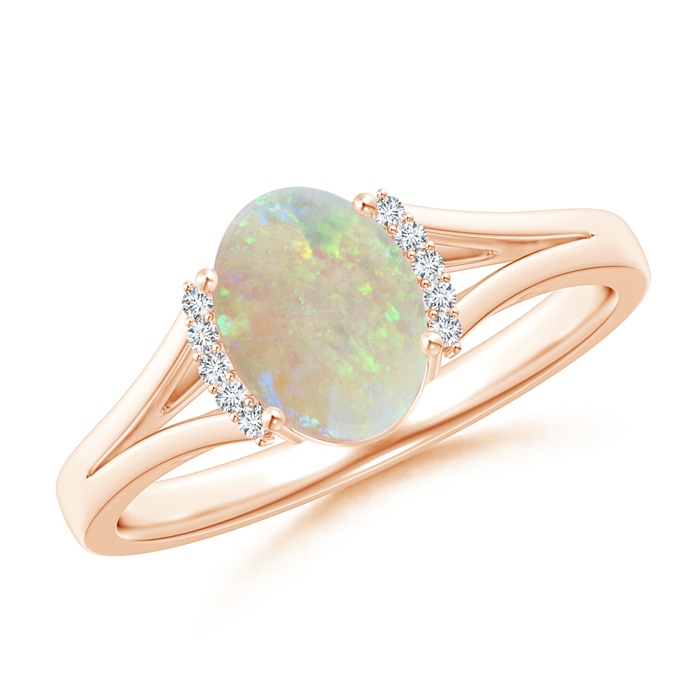 8x6mm AAA Oval Opal Split Shank Ring with Diamond Collar in Rose Gold 