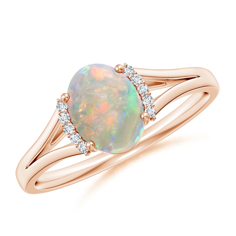 8x6mm AAAA Oval Opal Split Shank Ring with Diamond Collar in 9K Rose Gold 