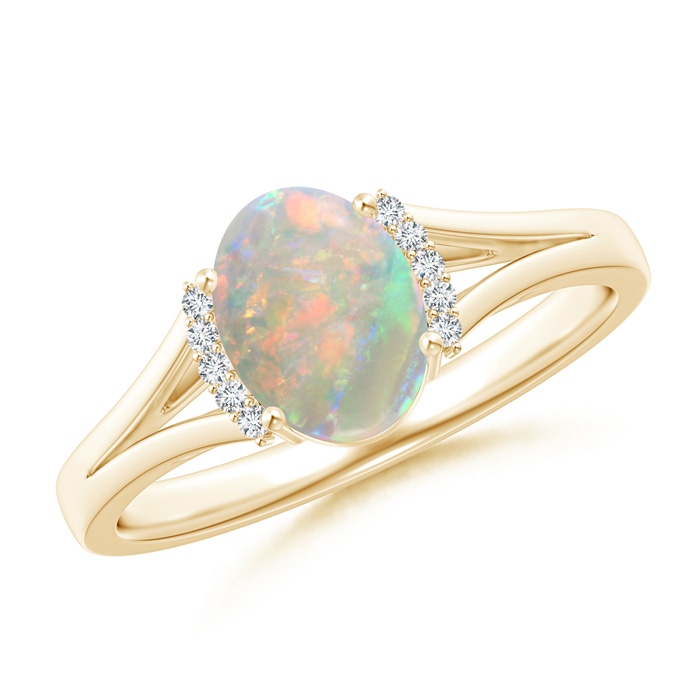 8x6mm AAAA Oval Opal Split Shank Ring with Diamond Collar in Yellow Gold 