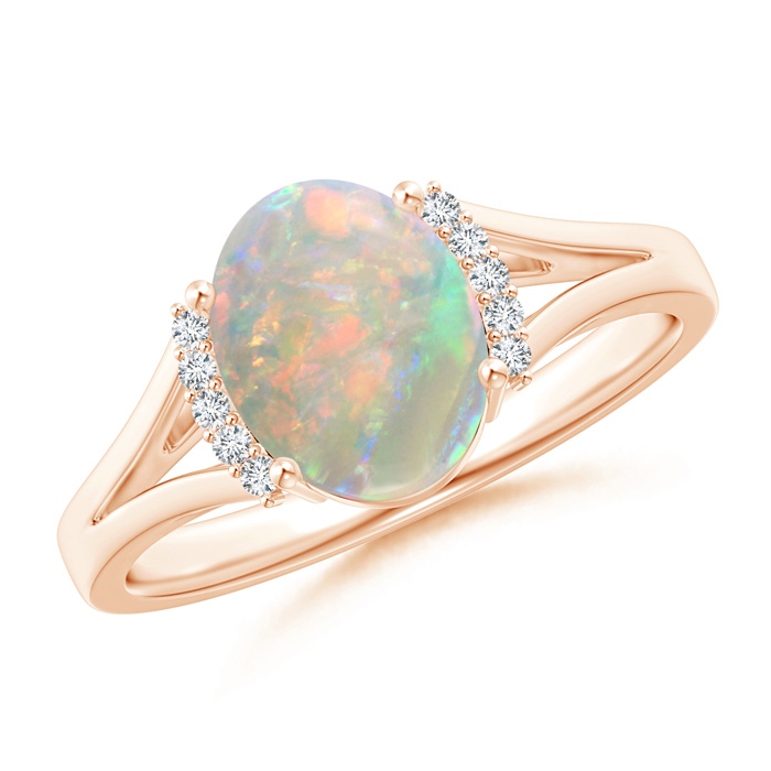 9x7mm AAAA Oval Opal Split Shank Ring with Diamond Collar in 10K Rose Gold