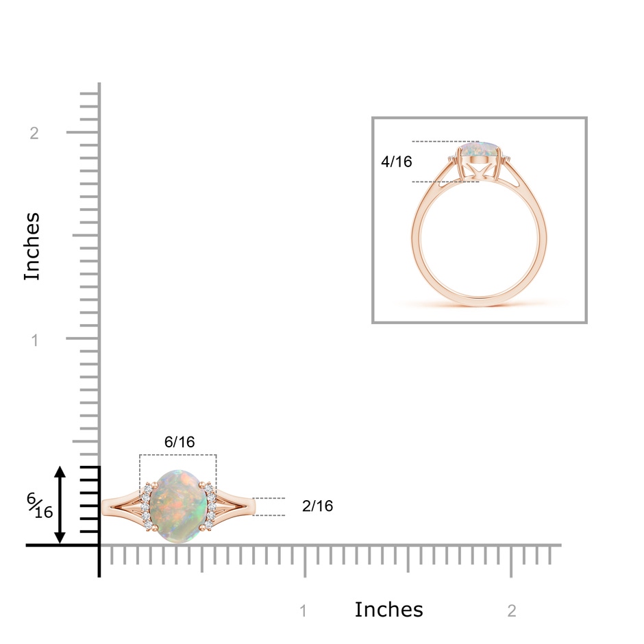 9x7mm AAAA Oval Opal Split Shank Ring with Diamond Collar in 10K Rose Gold ruler