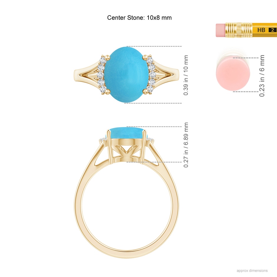 10x8mm AA Oval Turquoise Split Shank Ring with Diamond Collar in Yellow Gold ruler