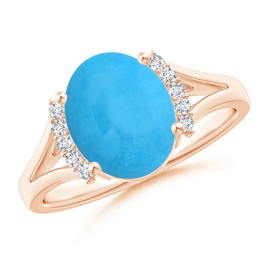 10x8mm AAA Oval Turquoise Split Shank Ring with Diamond Collar in Rose Gold 