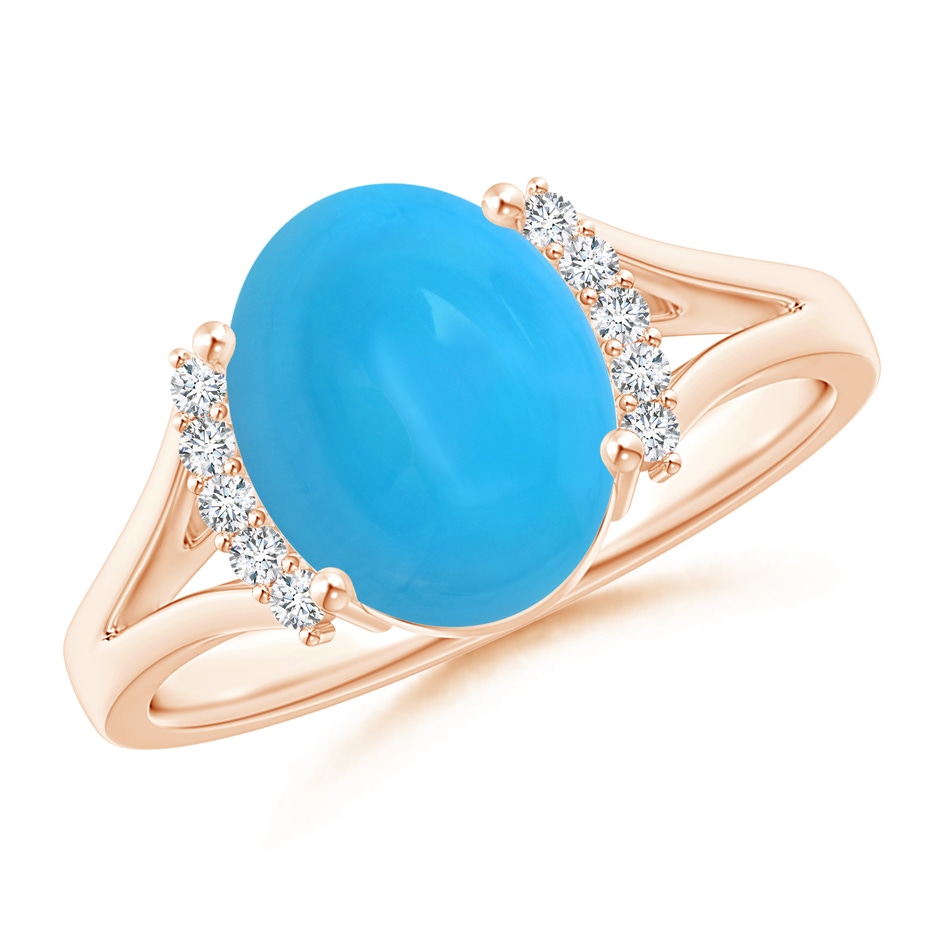 10x8mm AAAA Oval Turquoise Split Shank Ring with Diamond Collar in 18K Rose Gold 