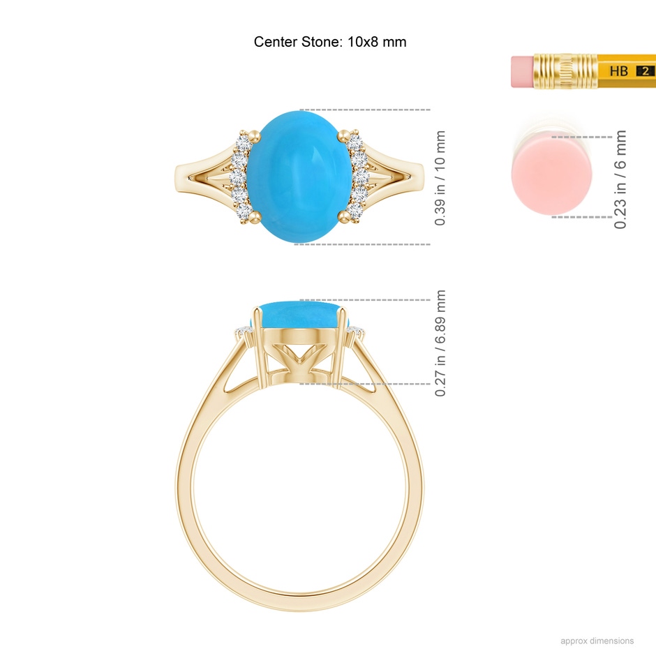 10x8mm AAAA Oval Turquoise Split Shank Ring with Diamond Collar in 18K Yellow Gold ruler