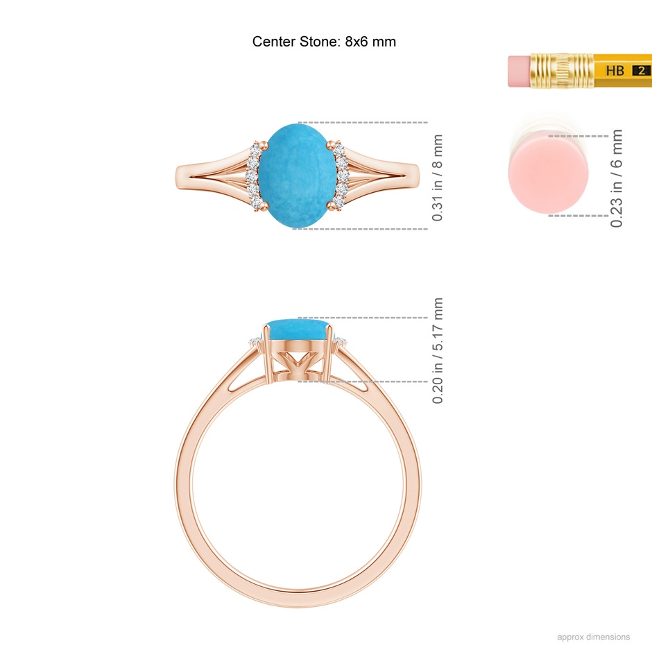 8x6mm A Oval Turquoise Split Shank Ring with Diamond Collar in Rose Gold ruler
