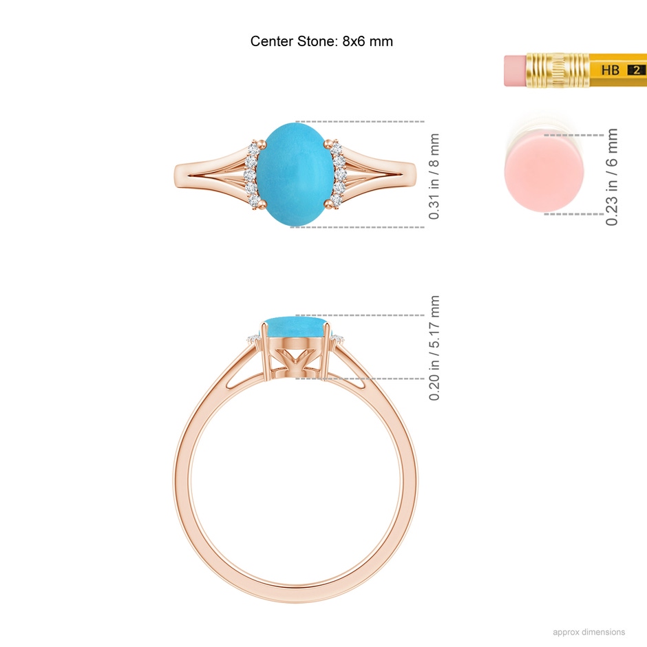 8x6mm AA Oval Turquoise Split Shank Ring with Diamond Collar in Rose Gold ruler