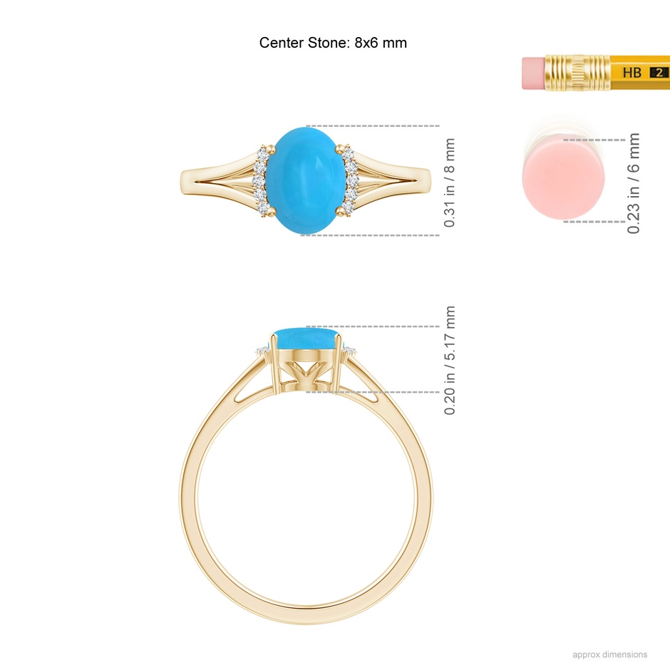 8x6mm AAAA Oval Turquoise Split Shank Ring with Diamond Collar in Yellow Gold ruler