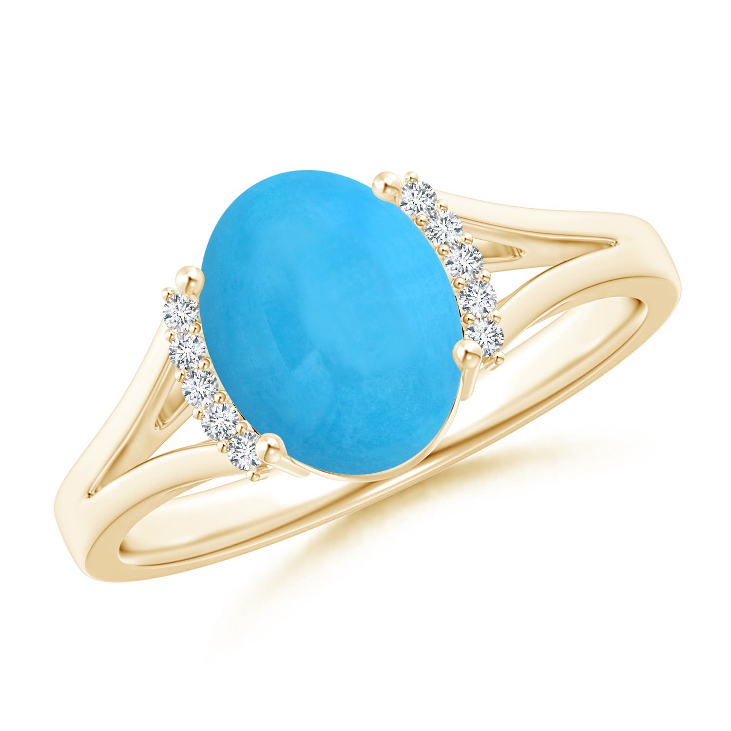 9x7mm AAA Oval Turquoise Split Shank Ring with Diamond Collar in 18K Yellow Gold