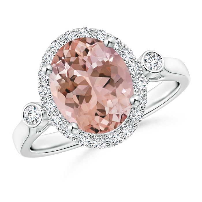 10x8mm AAAA Classic Oval Morganite and Diamond Halo Ring with Bezel Accents in P950 Platinum