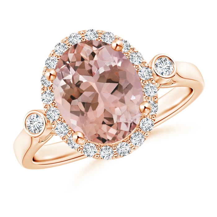 10x8mm AAAA Classic Oval Morganite and Diamond Halo Ring with Bezel Accents in Rose Gold