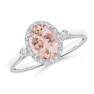 8x6mm AAAA Classic Oval Morganite and Diamond Halo Ring with Bezel Accents in P950 Platinum