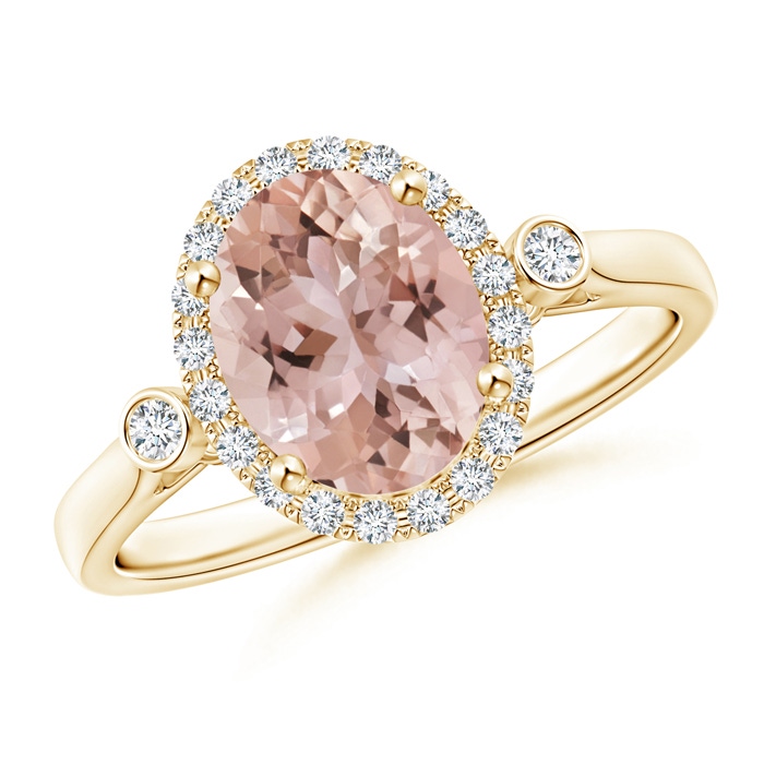 9x7mm AAA Classic Oval Morganite and Diamond Halo Ring with Bezel Accents in 9K Yellow Gold 