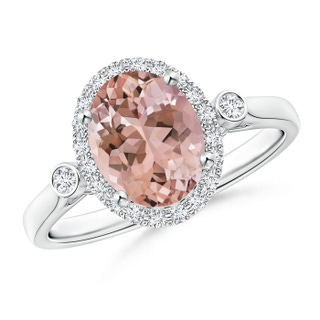 9x7mm AAAA Classic Oval Morganite and Diamond Halo Ring with Bezel Accents in P950 Platinum