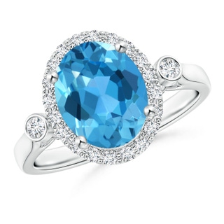 10x8mm AAA Classic Oval Swiss Blue Topaz Halo Ring with Bezel Accents in White Gold