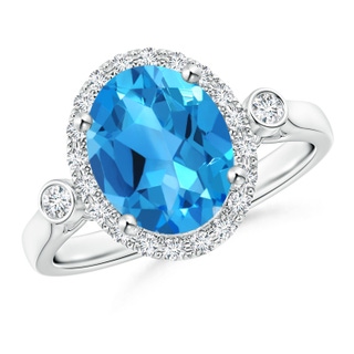 10x8mm AAAA Classic Oval Swiss Blue Topaz Halo Ring with Bezel Accents in White Gold