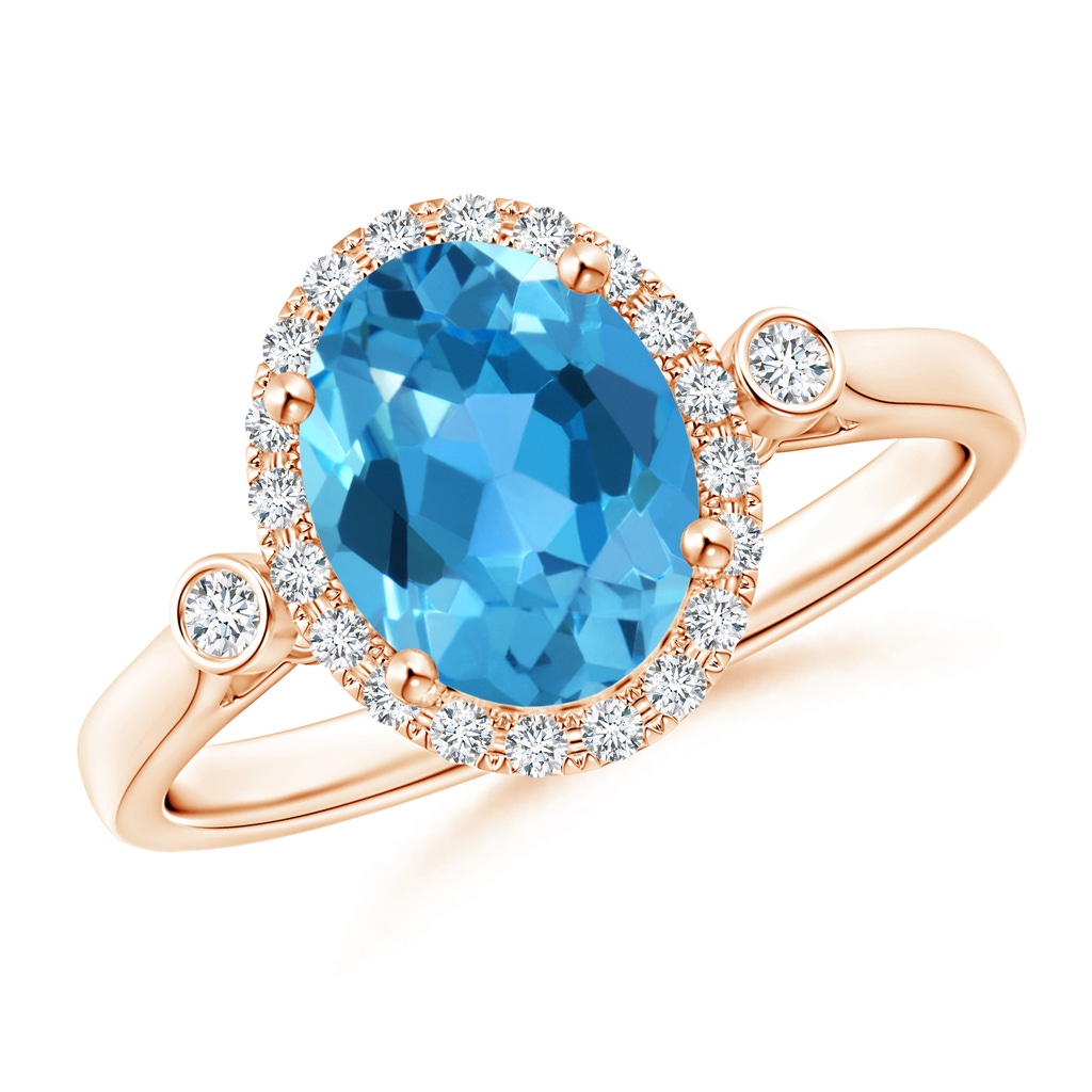9x7mm AAA Classic Oval Swiss Blue Topaz Halo Ring with Bezel Accents in Rose Gold