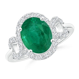 9.61x7.47x5.59mm AA GIA Certified Oval Emerald Scroll Ring with Diamond Halo in White Gold