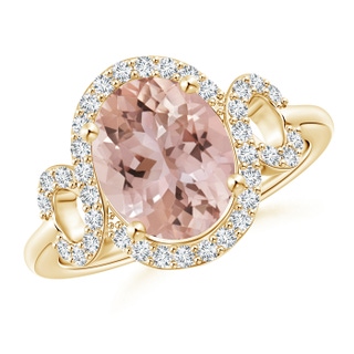 10x8mm AAA Oval Morganite Scroll Ring with Diamond Halo in 9K Yellow Gold