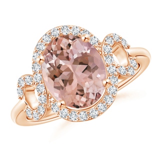 10x8mm AAAA Oval Morganite Scroll Ring with Diamond Halo in Rose Gold