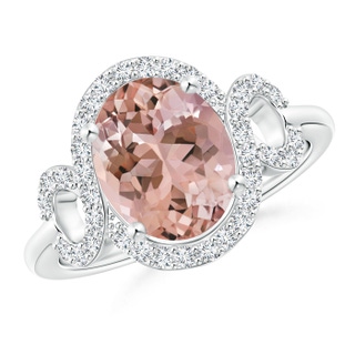 10x8mm AAAA Oval Morganite Scroll Ring with Diamond Halo in White Gold