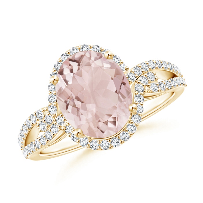 10x8mm A Oval Morganite Split Shank Ring with Diamonds in Yellow Gold 